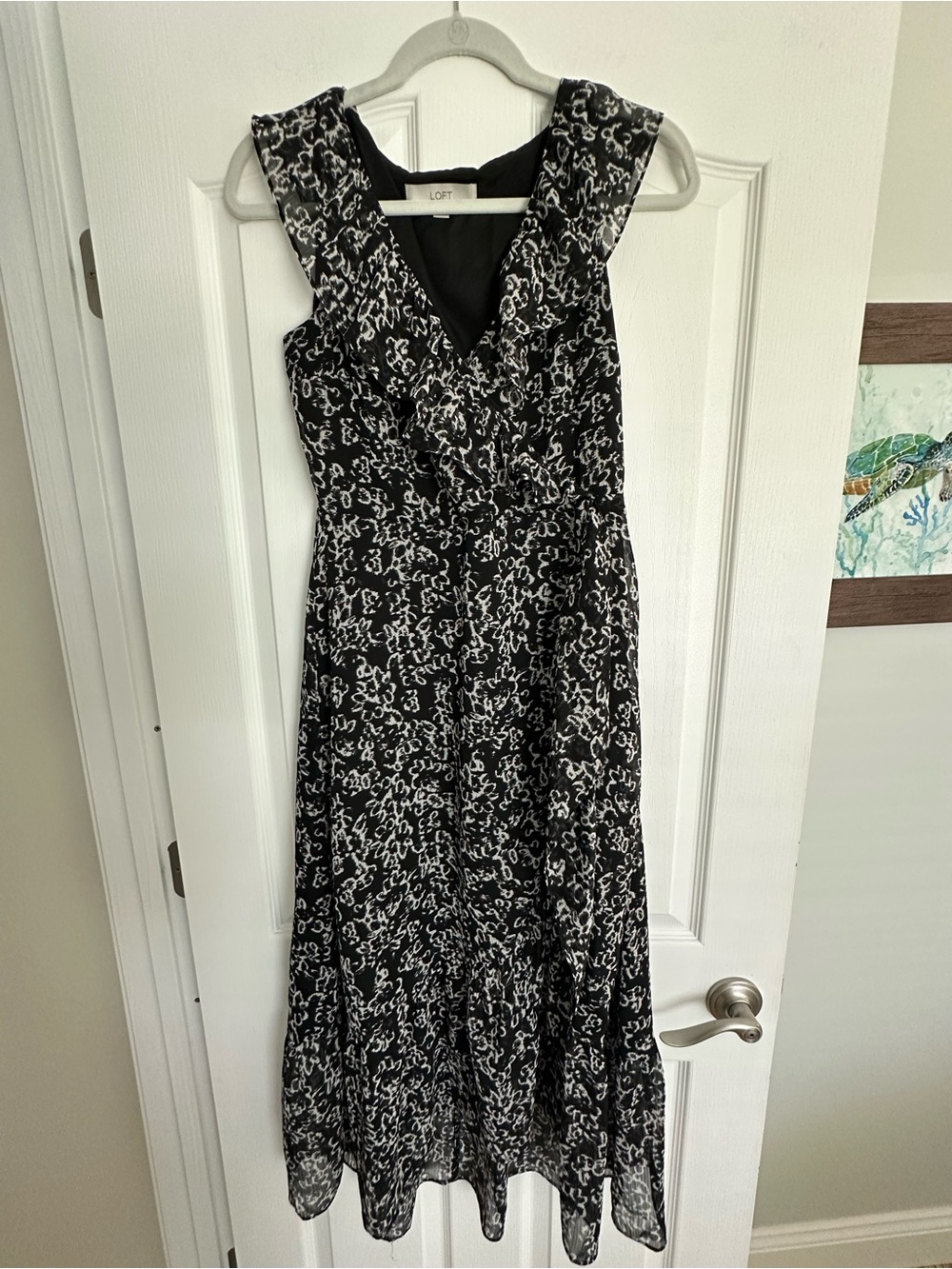 LOFT Black & White Printed Ruffle V-Neck Maxi Dress